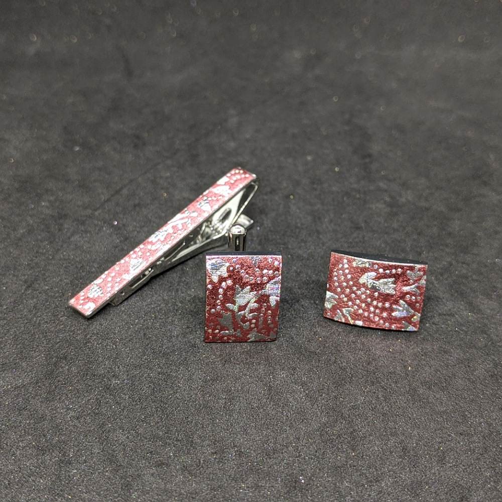 【着物職人手作り 金彩ネクタイピン・カフスボタンセット】ピンク Nsplus 19670 【結婚式 カフス タイピン 小物】