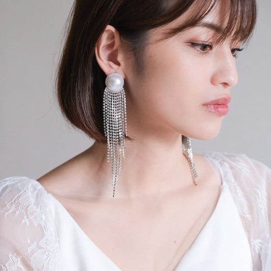 【ピアス】ブライダルピアス パール ビジュー シルバー ロング t23 【結婚式 ピアス イヤリング】