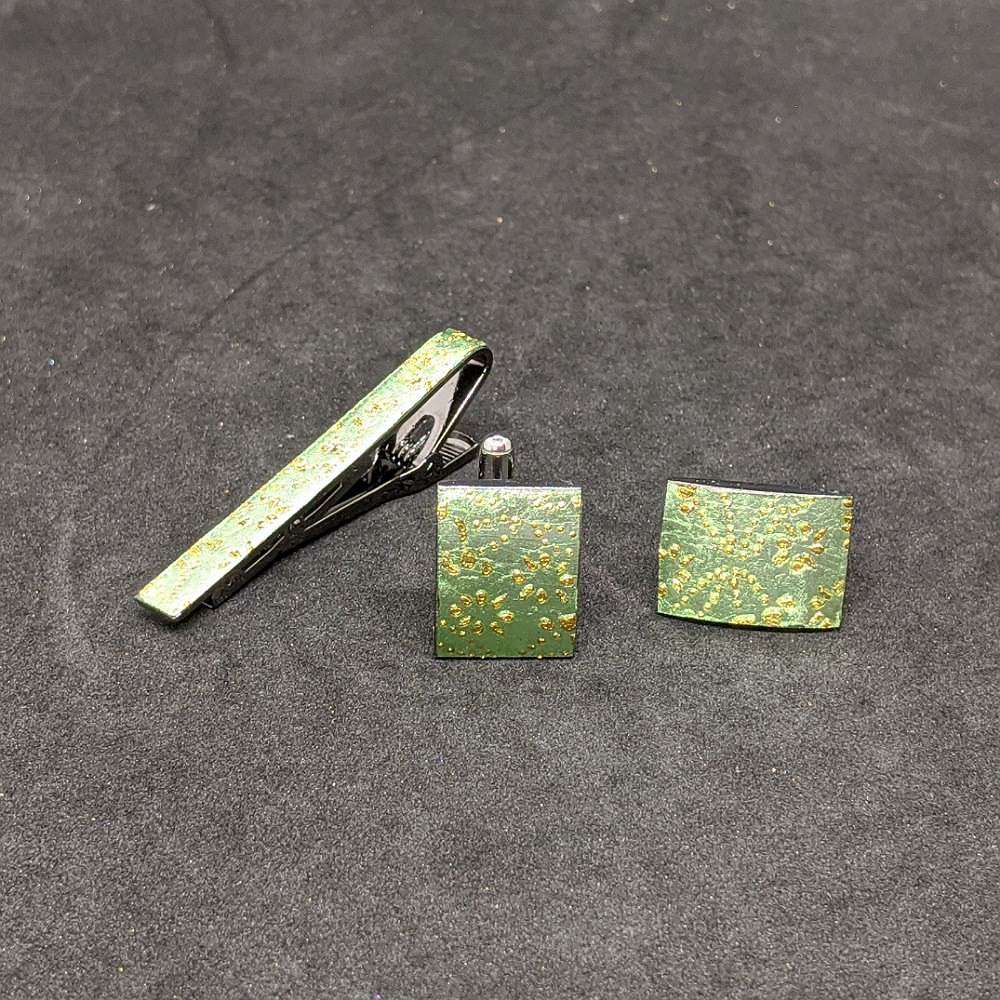 【着物職人手作り 金彩ネクタイピン・カフスボタンセット】グリーン Nsplus 19669 【結婚式 カフス タイピン 小物】