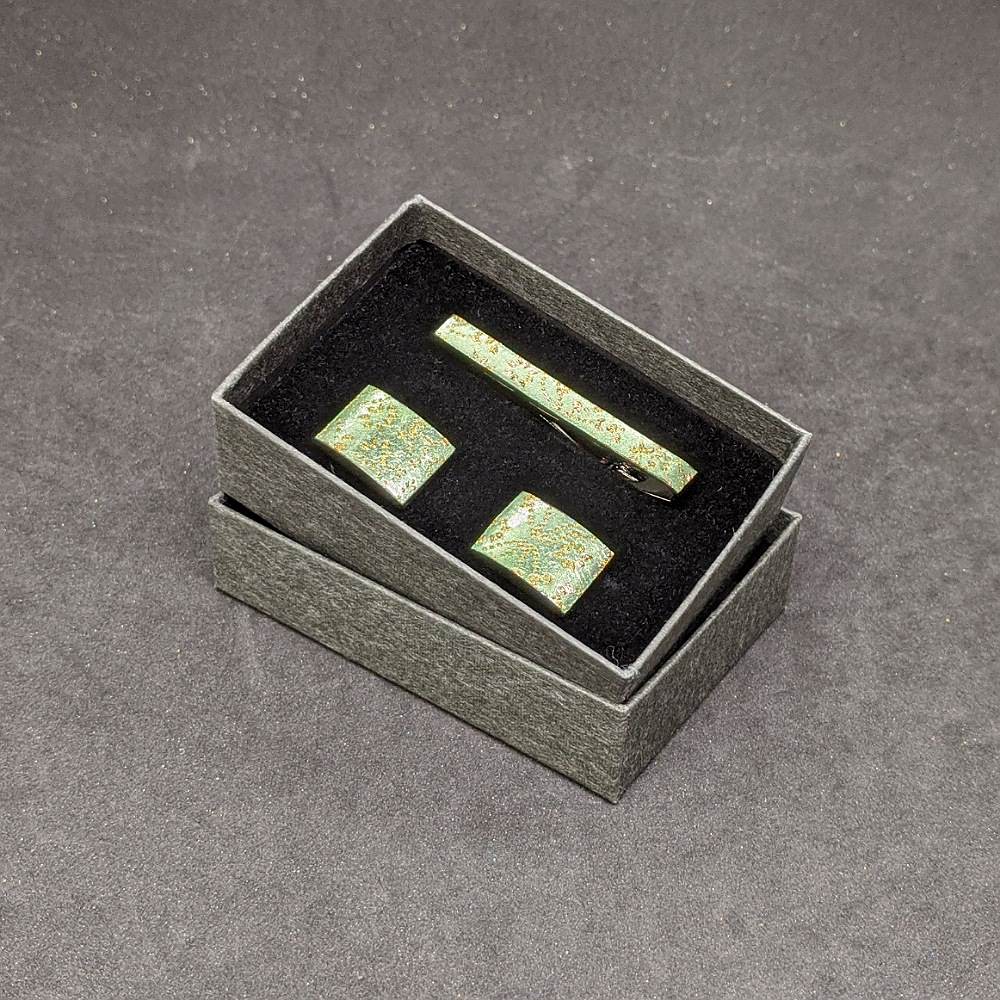 【着物職人手作り 金彩ネクタイピン・カフスボタンセット】グリーン Nsplus 19669 【結婚式 カフス タイピン 小物】