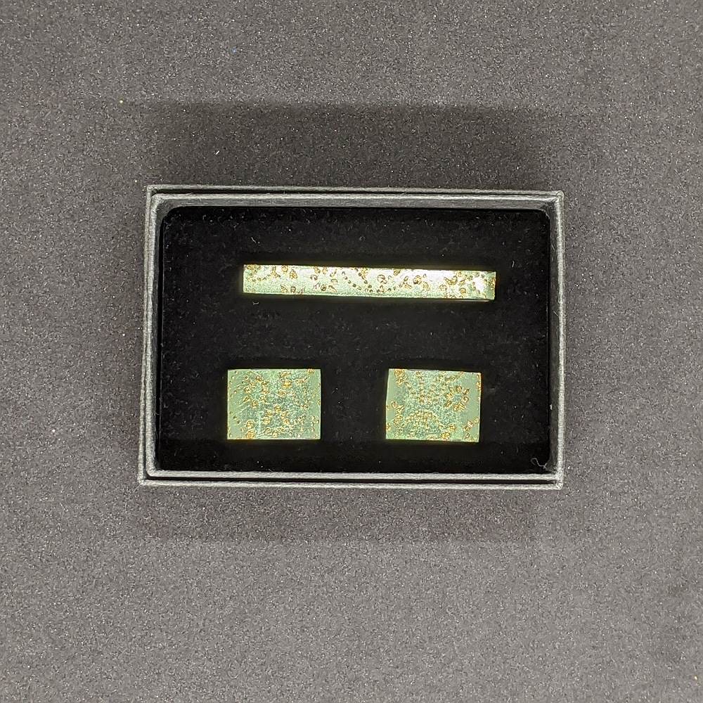 【着物職人手作り 金彩ネクタイピン・カフスボタンセット】グリーン Nsplus 19669 【結婚式 カフス タイピン 小物】