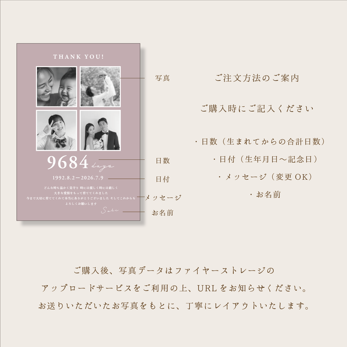 子育て感謝状 フォトフレーム 結婚式 両親プレゼント（日数入り・オーダーメイド・木製フレーム付）