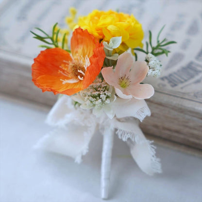 イエローオレンジのバスケットブーケ【結婚式　フワラー　アーティフィシャルフラワー　ブーケ　ブートニア】
