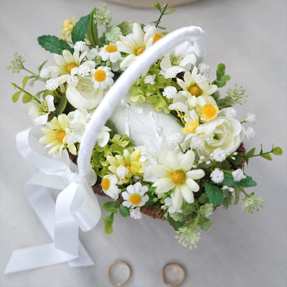 黄色のデージーとカスミソウのリングピロー【結婚式　リングピロー】