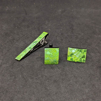 【着物職人手作り 金彩螺鈿ネクタイピン・カフスボタンセット】グリーン Nsplus 19672 【結婚式 カフス タイピン 小物】