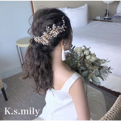 ビジュー リーフ 小枝ヘッドドレス ゴールド a4/ブライダルアクセサリー 【結婚式 ヘアアクセサリー】