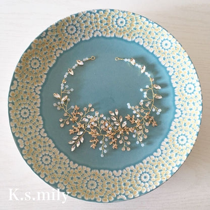 ビジュー リーフ 小枝ヘッドドレス ゴールド a4/ブライダルアクセサリー 【結婚式 ヘアアクセサリー】
