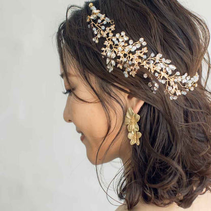 ビジュー リーフ 小枝ヘッドドレス ゴールド a4/ブライダルアクセサリー 【結婚式　ヘアアクセサリー】