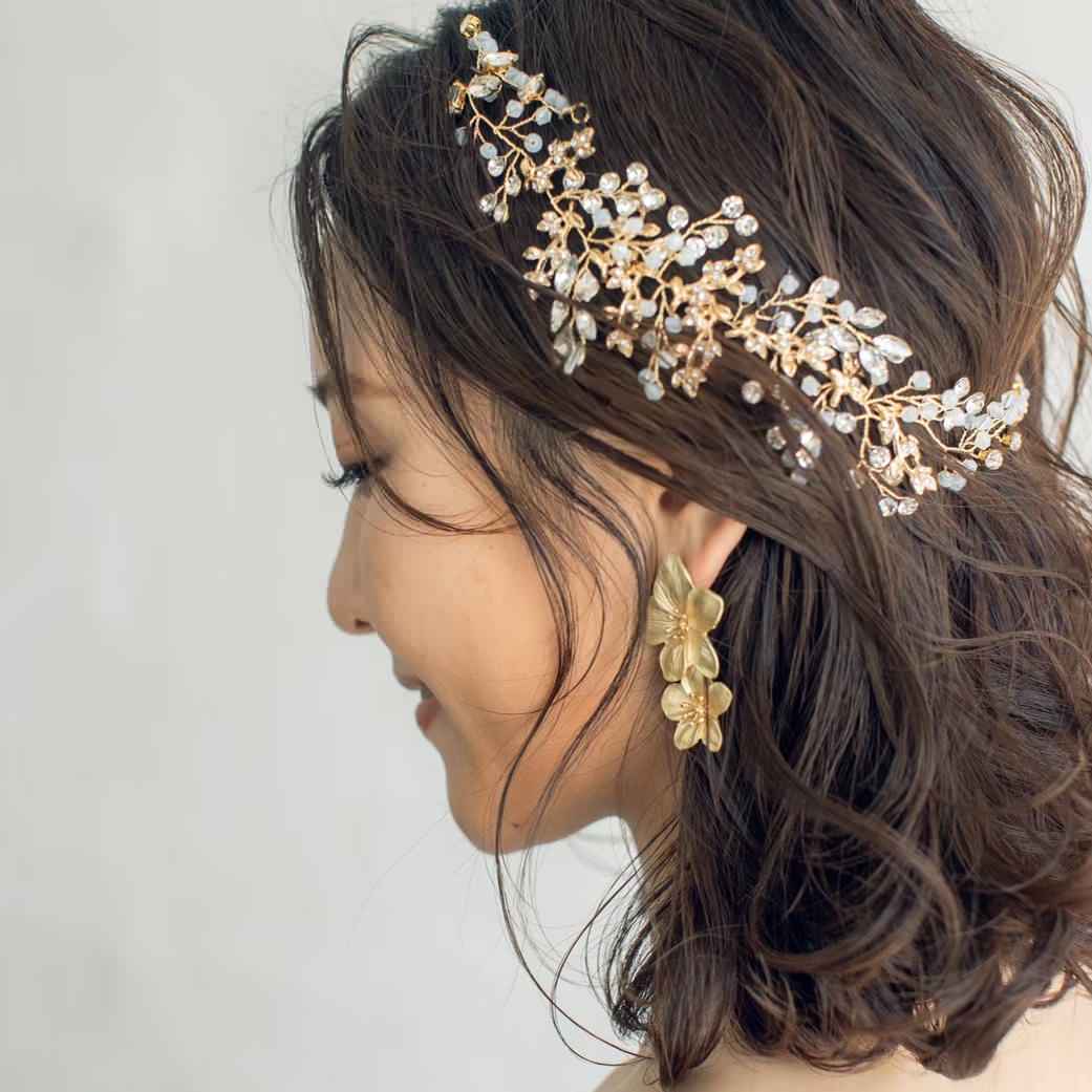 ビジュー リーフ 小枝ヘッドドレス ゴールド a4/ブライダルアクセサリー 【結婚式 ヘアアクセサリー】