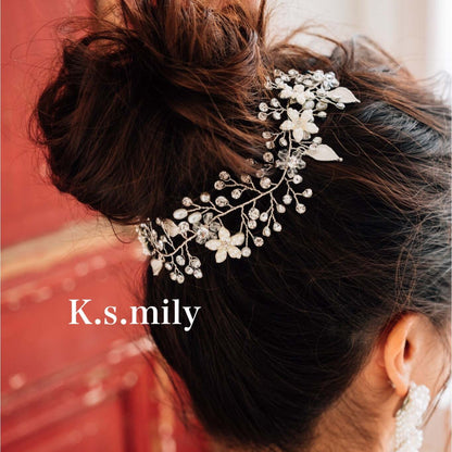 ブライダルヘッドドレス パールフラワー ビジュー 小枝アクセサリー【シルバー】b3 【結婚式　ヘアアクセサリー】