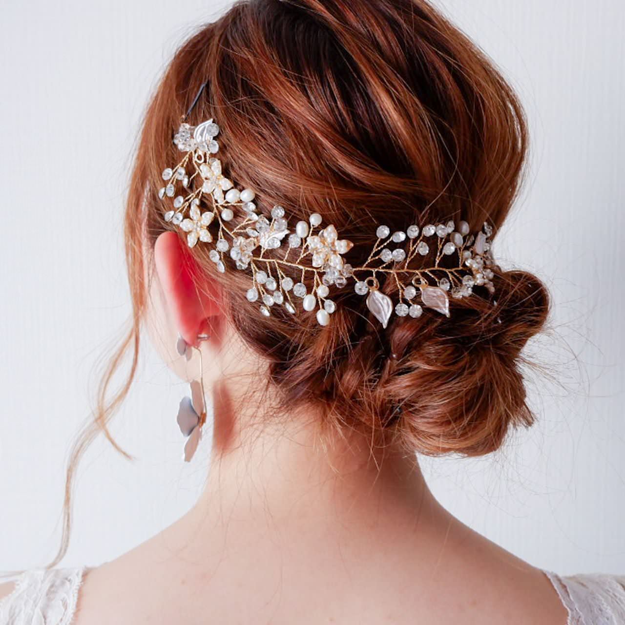 ブライダルヘッドドレス パールフラワー ビジュー 小枝アクセサリー【ゴールド】b4 【結婚式　ヘアアクセサリー】