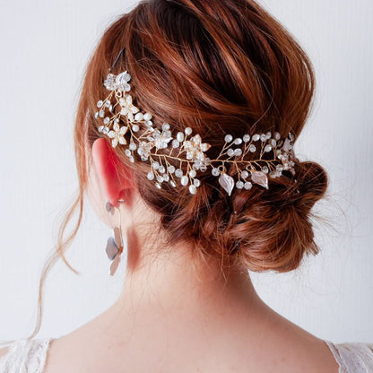 ブライダルヘッドドレス パールフラワー ビジュー 小枝アクセサリー【ゴールド】b4 【結婚式 ヘアアクセサリー】