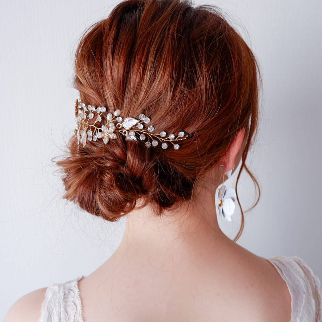 ブライダルヘッドドレス パールフラワー ビジュー 小枝アクセサリー【ゴールド】b4 【結婚式　ヘアアクセサリー】