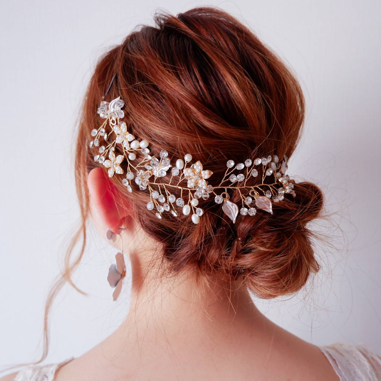 ブライダルヘッドドレス パールフラワー ビジュー 小枝アクセサリー【ゴールド】b4 【結婚式　ヘアアクセサリー】