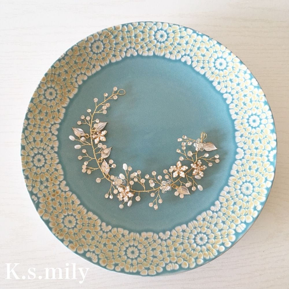 ブライダルヘッドドレス パールフラワー ビジュー 小枝アクセサリー【ゴールド】b4 【結婚式 ヘアアクセサリー】