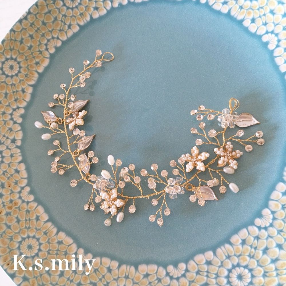 ブライダルヘッドドレス パールフラワー ビジュー 小枝アクセサリー【ゴールド】b4 【結婚式 ヘアアクセサリー】