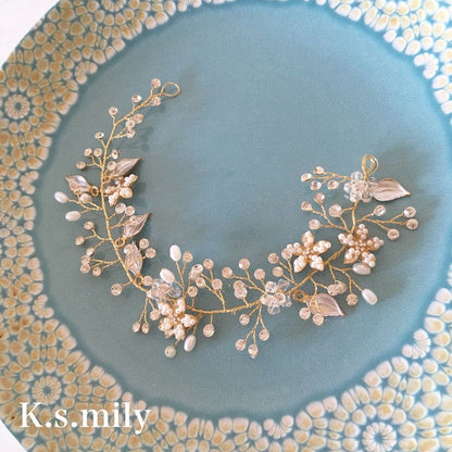 ブライダルヘッドドレス パールフラワー ビジュー 小枝アクセサリー【ゴールド】b4 【結婚式 ヘアアクセサリー】