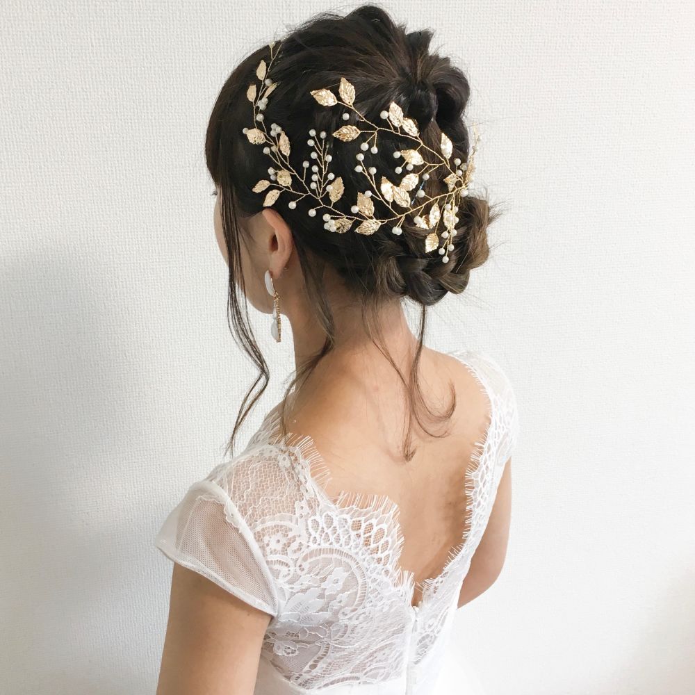ブライダルヘッドドレス パール リーフ ゴールド b7 【結婚式 ヘアアクセサリー】