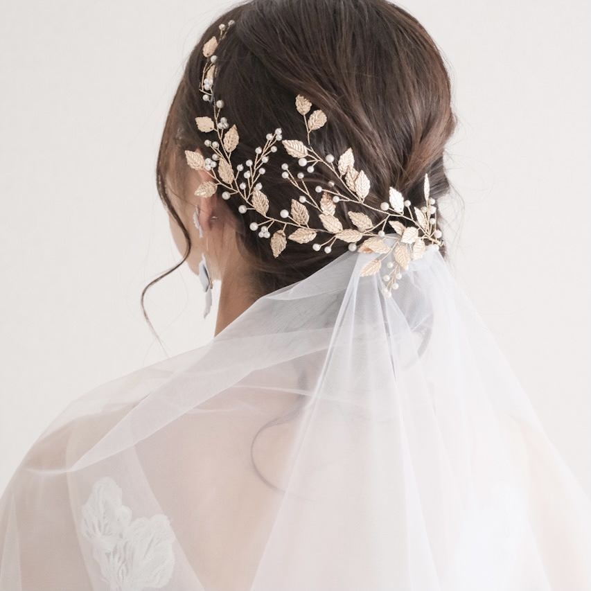 ブライダルヘッドドレス パール リーフ ゴールド b7 【結婚式　ヘアアクセサリー】