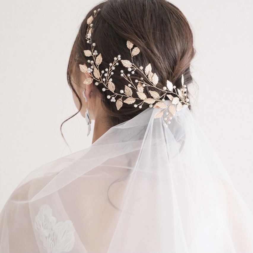 ブライダルヘッドドレス パール リーフ ゴールド b7 【結婚式 ヘアアクセサリー】
