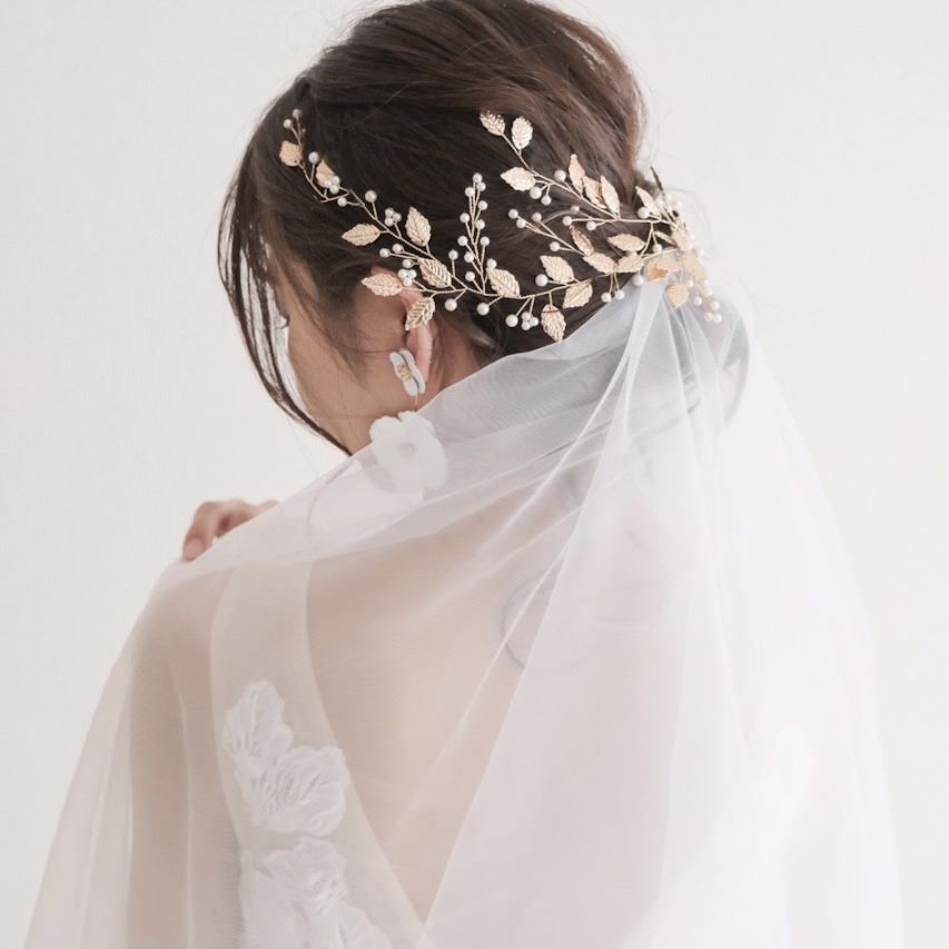 ブライダルヘッドドレス パール リーフ ゴールド b7 【結婚式　ヘアアクセサリー】