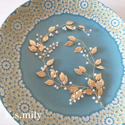 ブライダルヘッドドレス パール リーフ ゴールド b7 【結婚式 ヘアアクセサリー】