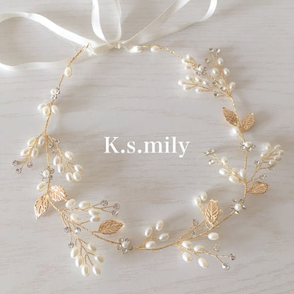 ビジュー フラワー リーフ ヘッドドレス ゴールド b8/ブライダルアクセサリー 【結婚式 ヘアアクセサリー】