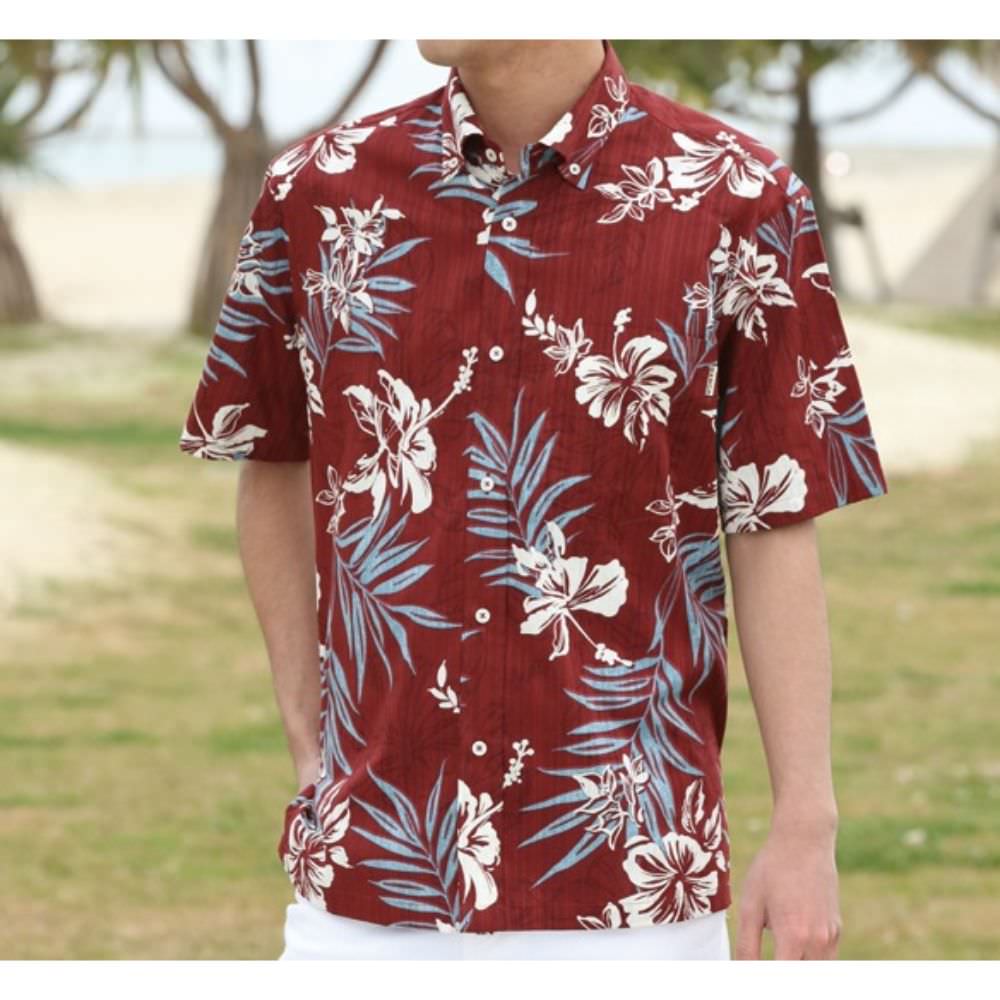 レンタルかりゆしウェア Men's ハイビ―リーフ レッド 【結婚式 ブライズメイド アッシャー レンタル】