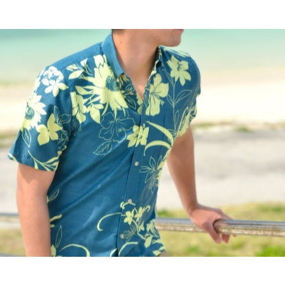 レンタルかりゆしウェア Men's シルエットフラワー ネイビー 【結婚式 ブライズメイド アッシャー レンタル】