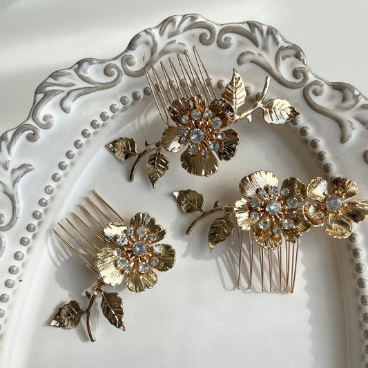 【ヘッドドレス】flower gold 3本セット ヘッドドレス ウェディング ブライダルアクセサリー [ AM-41 ]【結婚式 ヘアアクセサリー】