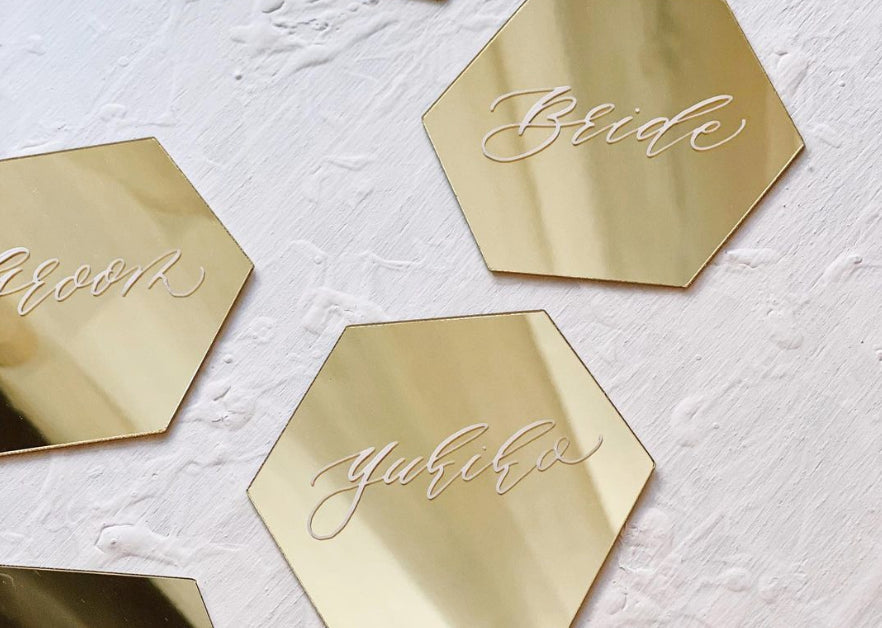 【結婚式 席札】ヘキサゴンミラー席札(ゴールド)【結婚式 ペーパー 席札】