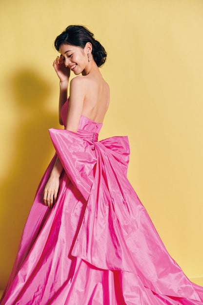 Petra ペトラ【カラードレス レンタル】Aライン タフタピンクドレス バックリボン 【結婚式】