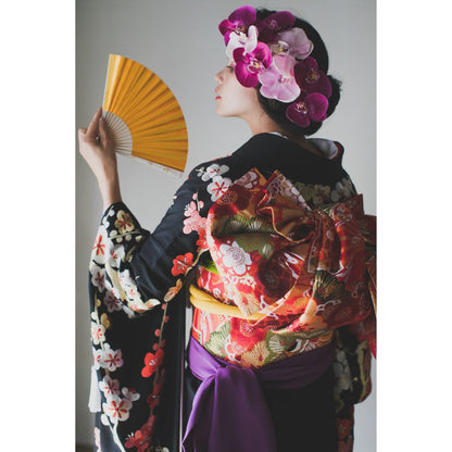 黒地手刺繍梅に鼓 【結婚式 和装 引き振袖 レンタル】