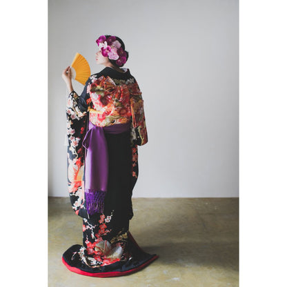 黒地手刺繍梅に鼓 【結婚式 和装 引き振袖 レンタル】