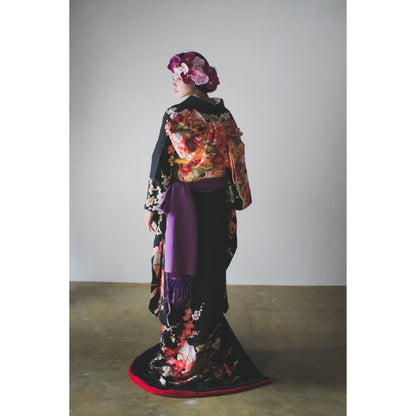 黒地手刺繍梅に鼓 【結婚式 和装 引き振袖 レンタル】