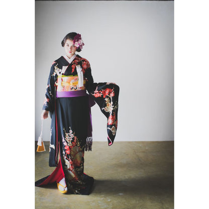 黒地手刺繍梅に鼓 【結婚式 和装 引き振袖 レンタル】