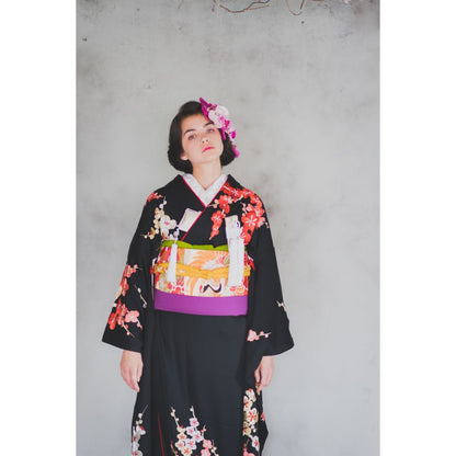 黒地手刺繍梅に鼓 【結婚式 和装 引き振袖 レンタル】