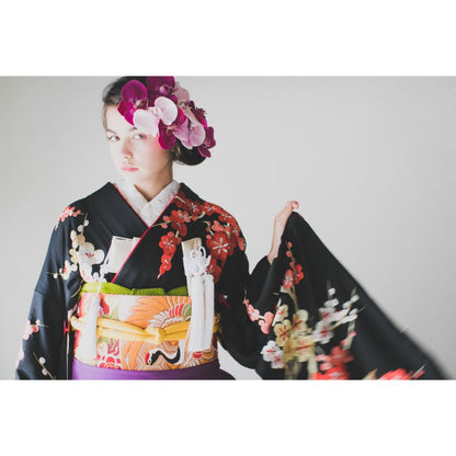 黒地手刺繍梅に鼓 【結婚式 和装 引き振袖 レンタル】