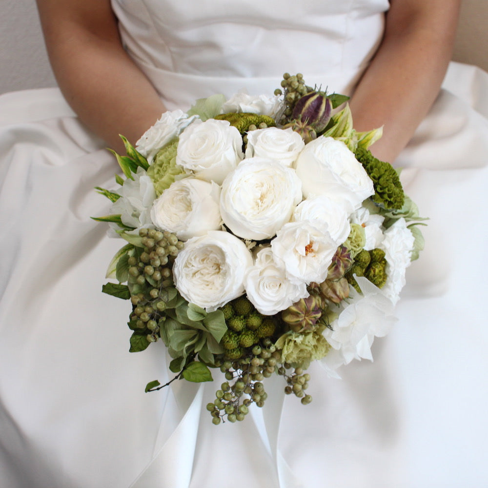 【プリザーブド】ラウンドブーケ(ホワイト) 【結婚式 フラワー ドライフラワー ブーケ ブートニア】