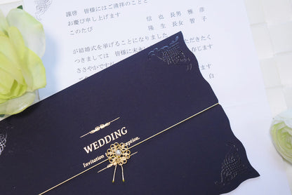 【結婚式 招待状セット】ウエディングチャーム ネイビー (印刷込み)【結婚式 ペーパー 招待状】