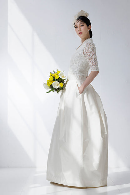 スラッシュネック 5分袖 クロスタック チューリップラインドレス(haute couture)【ウエディングドレス オーダー】