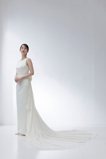 バックシャンテリーレース Iラインドレス + シフォントレーン(haute couture)【ウエディングドレス オーダー】