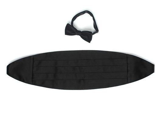 高級素材 拝絹地 を使用 上質な 蝶ネクタイ & カマーバンド セット ブラック 【結婚式 蝶ネクタイ】