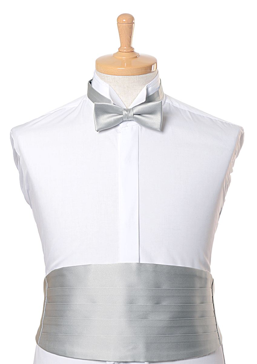 高級素材 拝絹地 を使用 上質な 蝶ネクタイ & カマーバンド セット シルバーグレー 【結婚式 蝶ネクタイ】