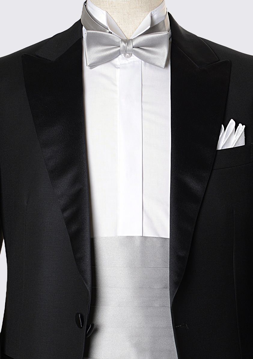 高級素材 拝絹地 を使用 上質な 蝶ネクタイ & カマーバンド セット シルバーグレー 【結婚式 蝶ネクタイ】