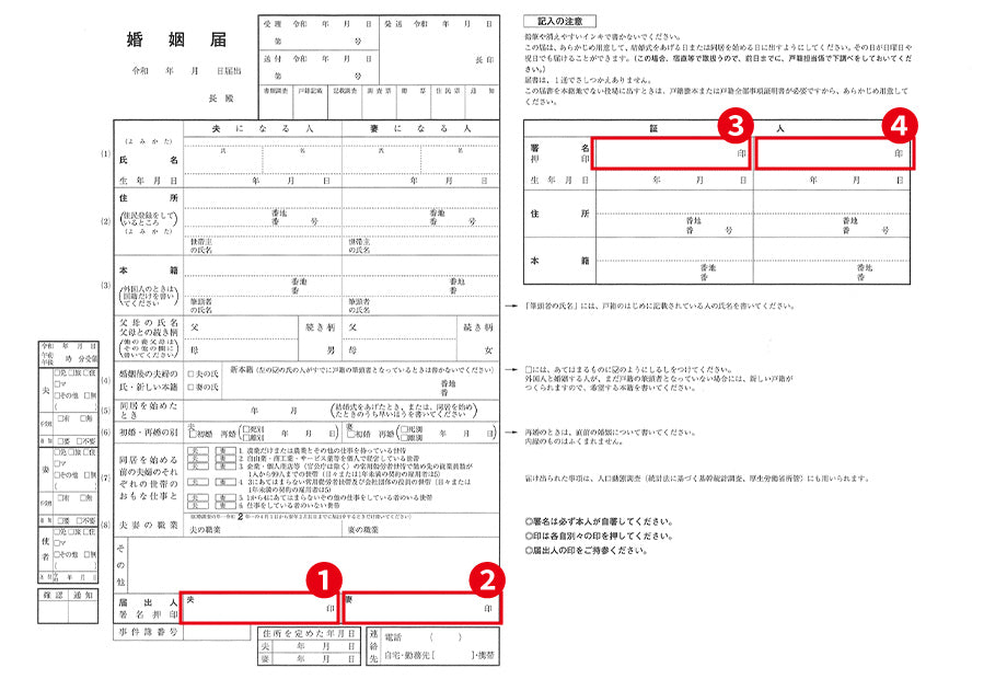 婚姻届で印鑑を押す位置は4箇所