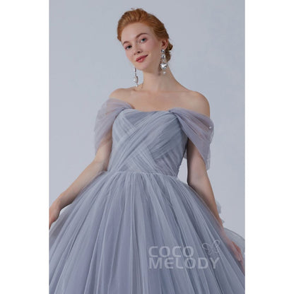 CW2103 プリンセス オフショルダー リボン シルバーグレー カラードレス 【結婚式 カラードレス オーダーメイド】