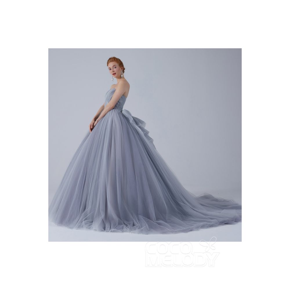 CW2103 プリンセス オフショルダー リボン シルバーグレー カラードレス 【結婚式 カラードレス オーダーメイド】