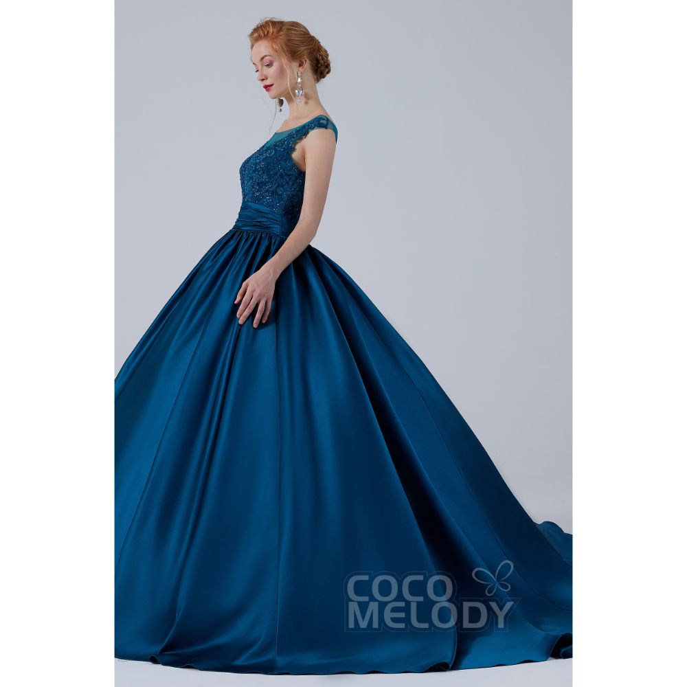 CW2106 プリンセス ボートネック サテン レース カラードレス 【結婚式 カラードレス オーダーメイド】