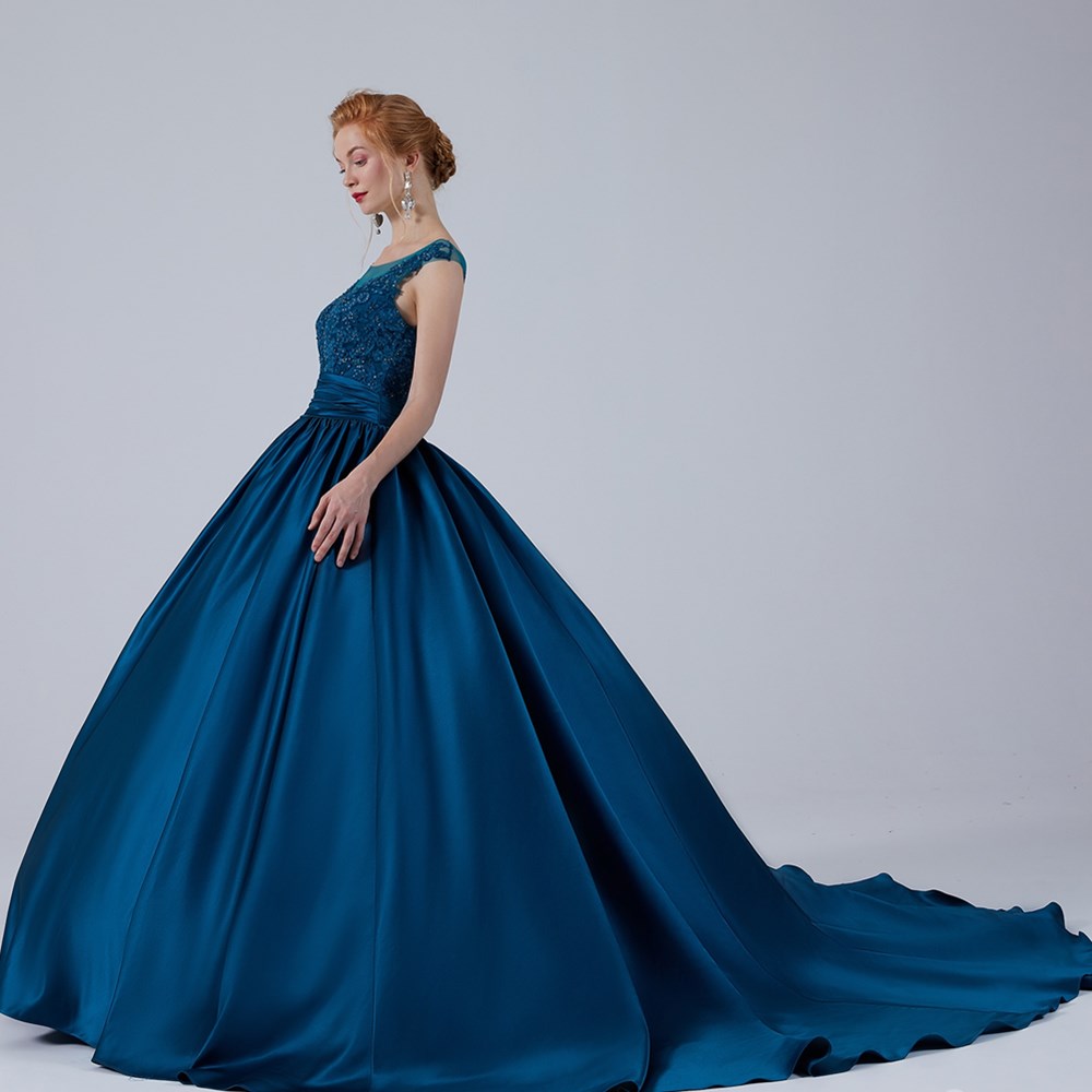 CW2106 プリンセス ボートネック サテン レース カラードレス 【結婚式 カラードレス オーダーメイド】